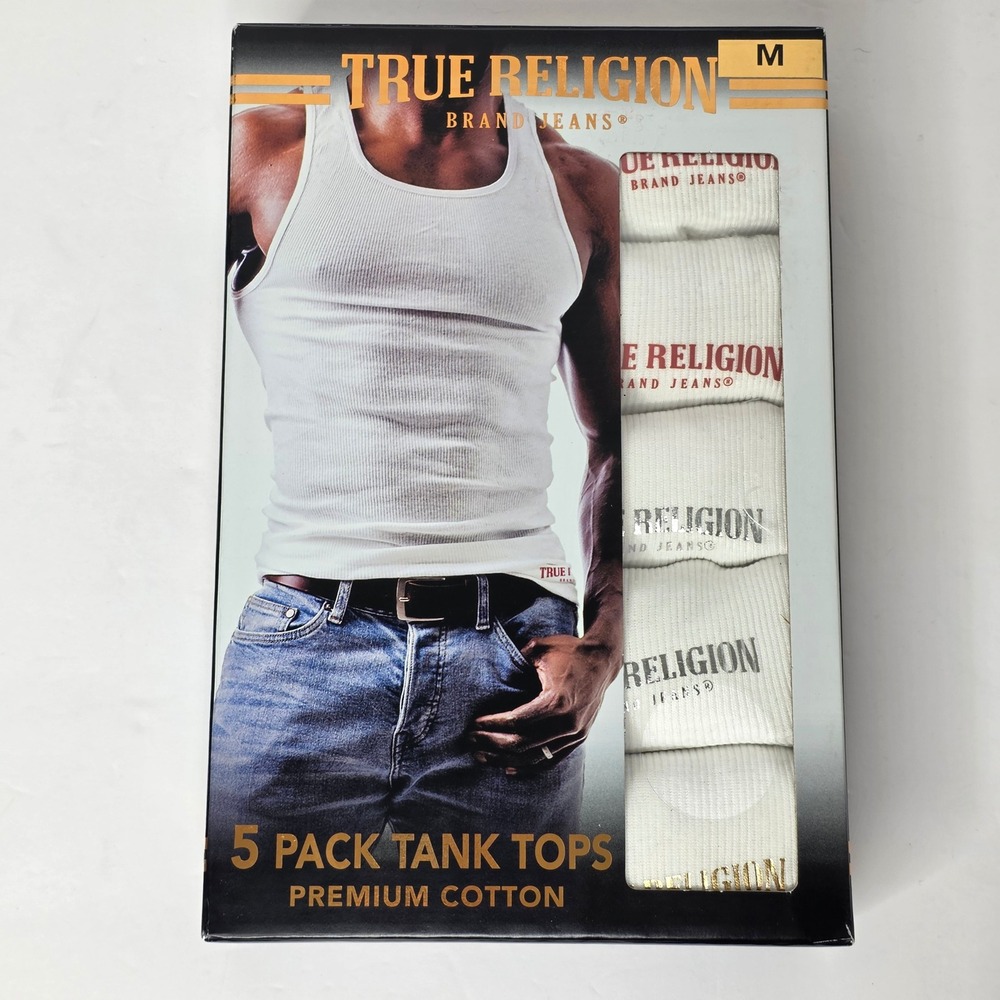 NEW True Religion Tank Tops Mens Medium White 5 Pack Premium Cotton Ribbed